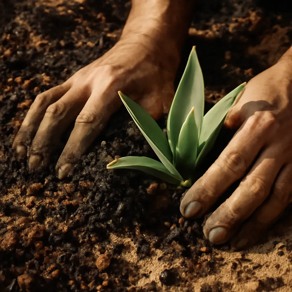 Close-up of volcanic soil with healthy plant roots